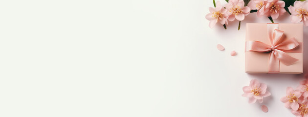 Advertising background with spring delicate flowers,gift box with empty space for text. Mother's day, March 8, birthday concept. Top view, flat lay .Space for text. Banner