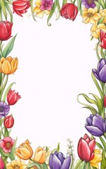 Colorful tulips and other flowers frame in watercolor style on white background