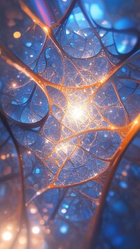 Closeup of an extracellular matrix, intricate web glowing, under a soft, focused light, complex and supportive