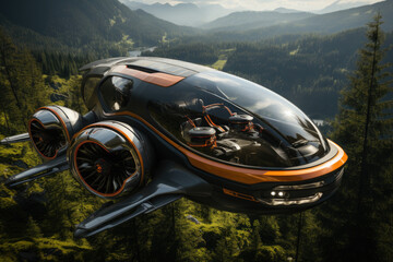 Modern future flying taxi. Unmanned aerial vehicle. Aero taxi over skyscrapers. A new era of urban...