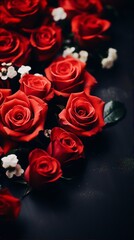 Red roses in full bloom against a dark background. Still life, floral, dark academia