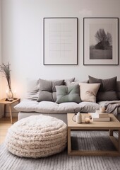 Scandinavian living room interior with white walls, gray sofa, wooden table and soft pouf