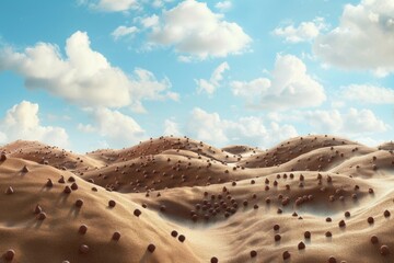 A vast landscape of rolling chocolate chip cookie hills under a marshmallow cloud sky, 3D illustration