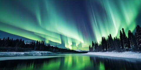Night sky lights up with bright dancing green and purple aurora borealis over snow-covered trees and river reflecting the lights - obrazy, fototapety, plakaty