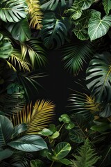 A jungle foliage across lower space and right side with blank space, black background. Generative AI.