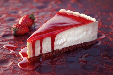 An expansive cheesecake plateau, with graham cracker crust ground and strawberry sauce rivers, 3D illustration - obrazy, fototapety, plakaty