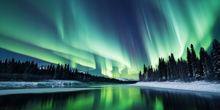 Night sky lights up with bright dancing green and purple aurora borealis over snow-covered trees and river reflecting the lights