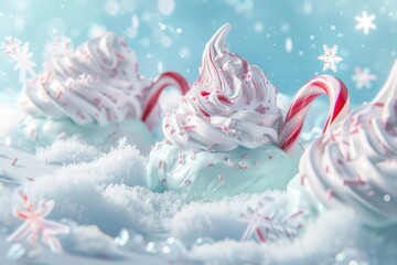 A frozen tundra of mint ice cream, with candy cane icicles and snowflakes, 3D illustration