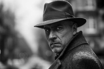 Retro portrait of old man serious gentleman detective in a hat and coat on street in city. Vintage...