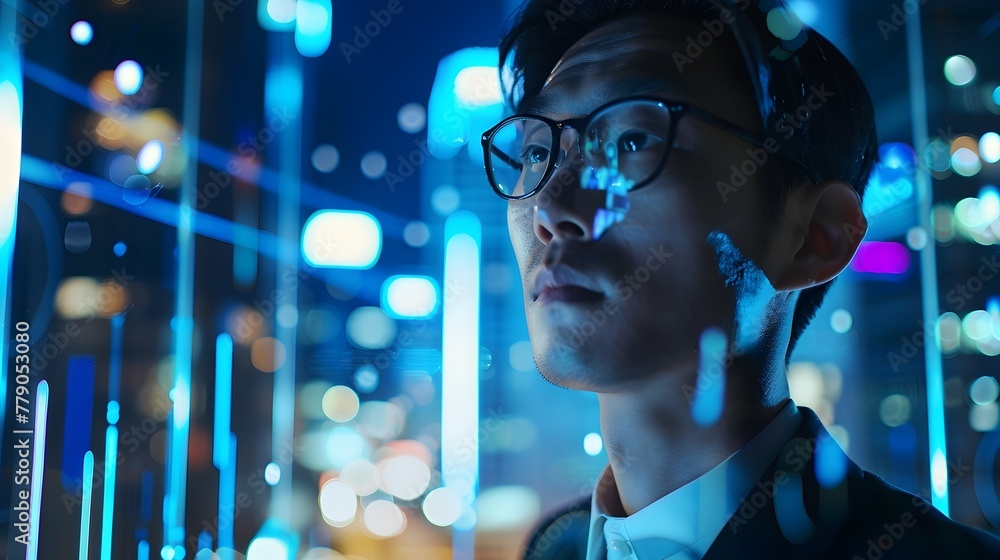Poster focused young developer intently studying data and coding in futuristic city nightscape