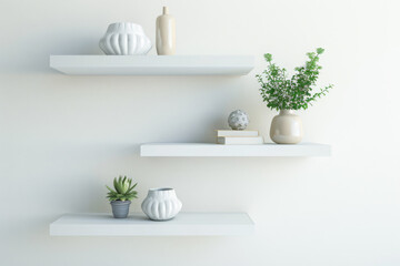 Floating white wall shelves with decorative objects - obrazy, fototapety, plakaty