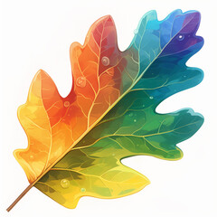 Obraz premium Rainbow-Colored Oak Leaf Illustration, Autumn Season Concept with Water Drops