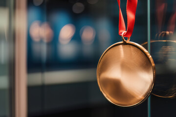 An Olympic medal hanging on a display, signifying the honor and recognition of achieving peak success - obrazy, fototapety, plakaty