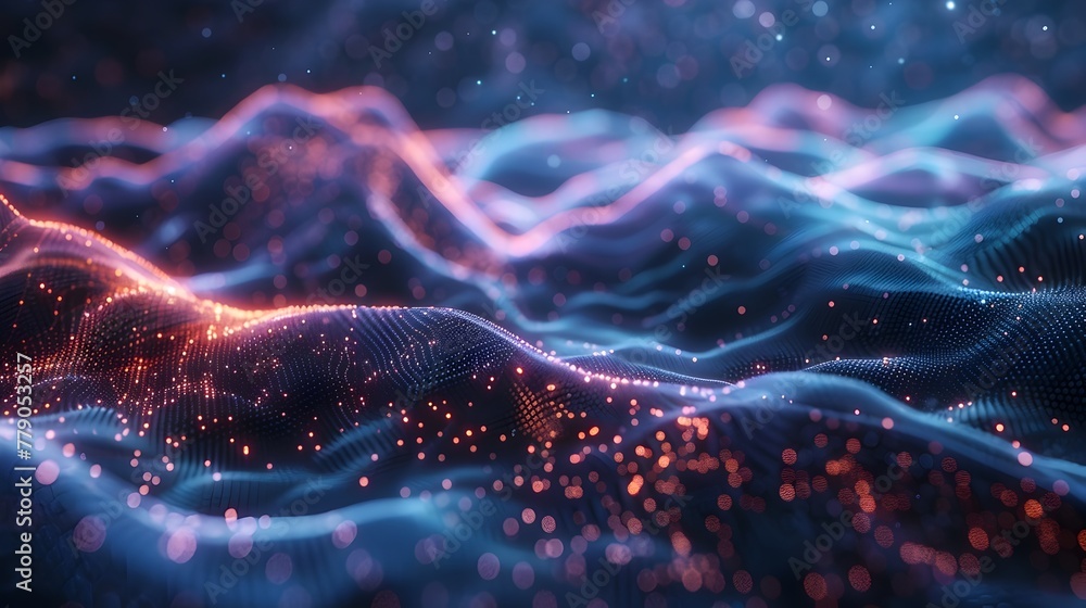 Poster captivating celestial digital landscape with pulsating ethereal waves and luminous particles