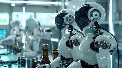 Fototapeta premium Robotic Arms in Futuristic Industrial Workshop Showcasing Automation and Technological Innovation