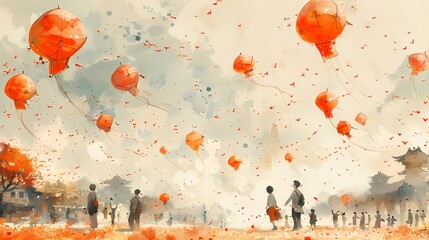 A group of people flying kites against a white background, creating a visual spectacle during the Basant Festival