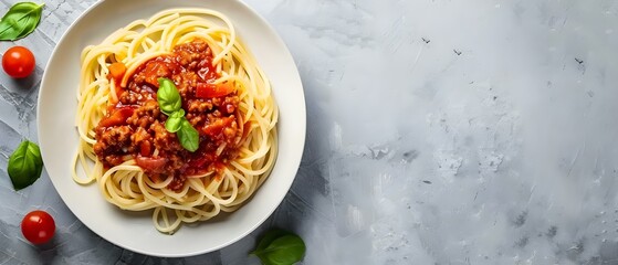 Simplistic Symphony of Spaghetti Bolognese. Concept Italian Cuisine, Pasta Dishes, Comfort Food - obrazy, fototapety, plakaty