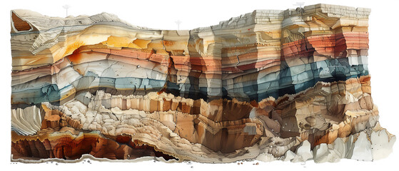 Geological cross-section of rock layers showing the stratigraphy and fault lines - obrazy, fototapety, plakaty