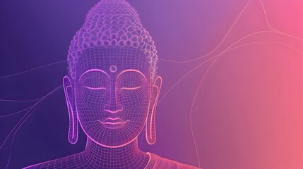 Serene Buddha Statue in Ethereal Digital with Abstract Polygonal Backdrop