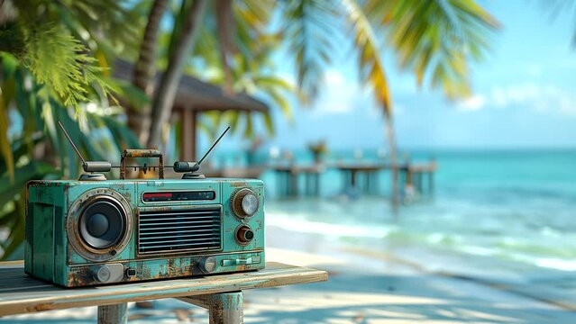 Radio background music with chill vibes under coconut trees on a summer beach. seamless looping 4k time-lapse animation video background