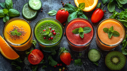 Freshly blended fruit smoothies of various colors and tastes in glass jars in rustic wooden tray....