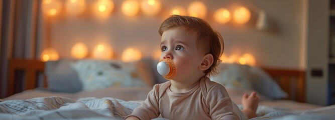 Sitting on the bedroom bed is a one-year-old child who has a dummy in his mouth. - obrazy, fototapety, plakaty