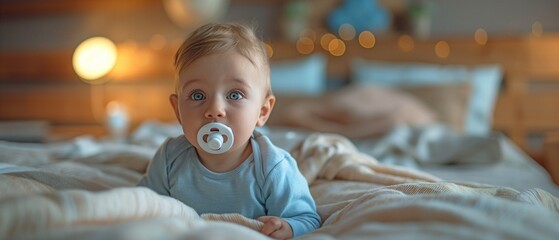 Sitting on the bedroom bed is a one-year-old child who has a dummy in his mouth. - obrazy, fototapety, plakaty