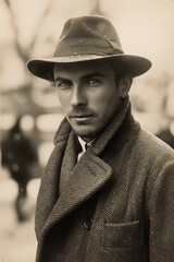 Retro portrait of young fashion man gentleman aristocrat in a hat and coat on street in city....