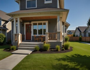 Fototapeta na wymiar Beautiful new home exterior with covered porch and green grass on bright sunny day with blue sky