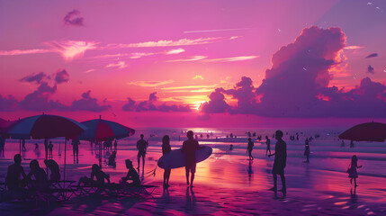 Panoramic Summer Beach Scene at Sunset with Active Surfers in MPEG Format
