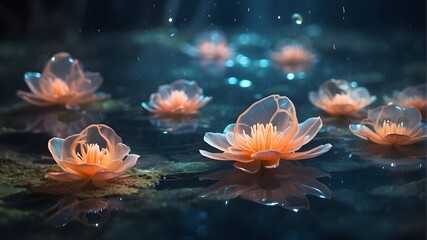 intimate dance of glowing organisms beneath the water’s surface. Convey the otherworldly elegance of this natural spectacle