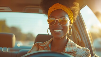a joyful black woman operating an automobile - obrazy, fototapety, plakaty