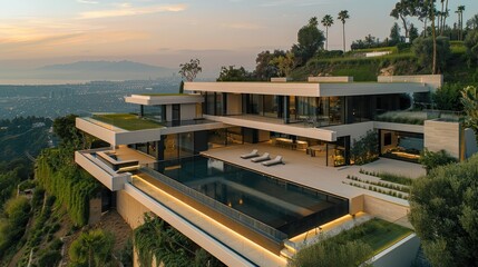 Fototapeta premium A large modern villa on a hill. Aerial high view. Generative AI.