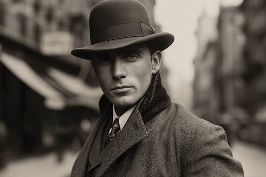 Fototapeta Retro portrait of fashion man gentleman in a hat and coat on street in city. Vintage black and white historical scan of film photo
