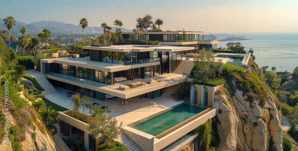 Wall mural a large modern villa on a hill. aerial high view. generative ai.