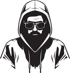 Urban Incognito Man in Hood and Glasses Emblem Stealthy Stare Hooded Man with Glasses Vector Icon