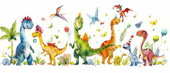 A joyous cartoon gathering of flying and terrestrial dinosaurs celebrating a birthday, in watercolor on white - obrazy, fototapety, plakaty