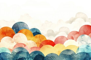 A joyful cartoon assembly of cirrocumulus clouds, patterned like fish scales, illustrated with a light touch in watercolor on white