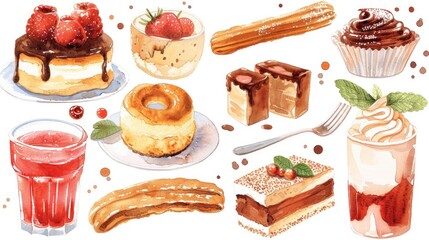 A lively watercolor ensemble of Mexican sweet treats, including churros, flan, and tres leches cake, presented on a white background - obrazy, fototapety, plakaty