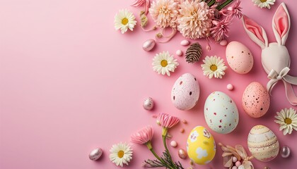 easter decorations like eggs, bunny ears, bow tie etc on pink background. Flat lay, top view, copy space