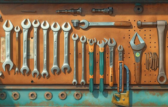 An assortment of hand tools for mechanics shown on a tool board