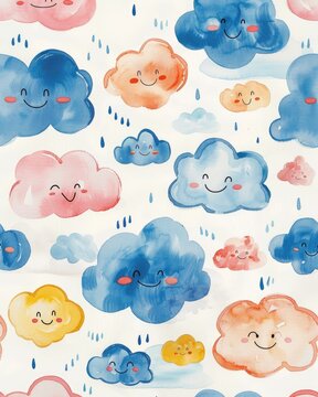 A mischievous assembly of nimbostratus clouds, depicted with playful frowns, preparing for a rain dance, in watercolor on white