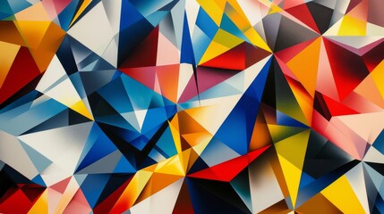 Vibrant abstract geometric painting featuring a mosaic of multicolored polygons with a three-dimensional effect.