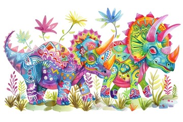 A cheerful cartoon group of Triceratops, with vibrant patterns, playing in a meadow, illustrated in watercolor on a white background