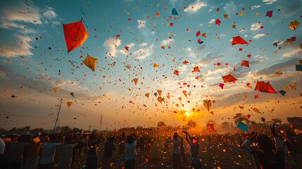 A joyful crowd celebrating Basant, with a myriad of colorful kites adorning the white sky in a captivating display