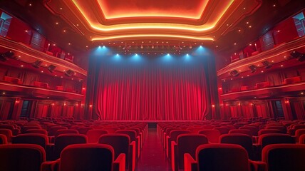 Red curtains and a lit stage adorn an empty theatre.