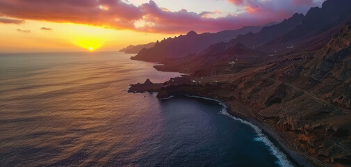 Fototapeta premium Aerial view at sunset of the seacoast in south of Tenerife created with Generative AI technology