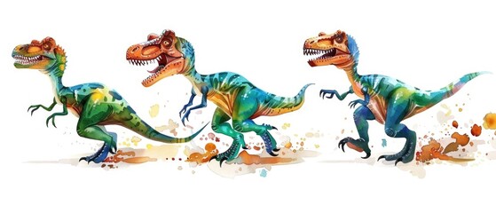 A dynamic cartoon pack of Allosaurus, each sporting a whimsical expression, hunting together, in watercolor on white