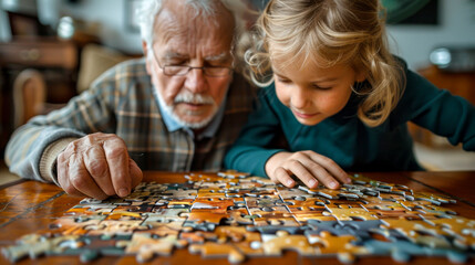 Little girl and her grandfather playing with jigsaw puzzle at home.