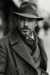 fashion man serious confident gentleman detective aristocrat in a hat and coat on street in city....